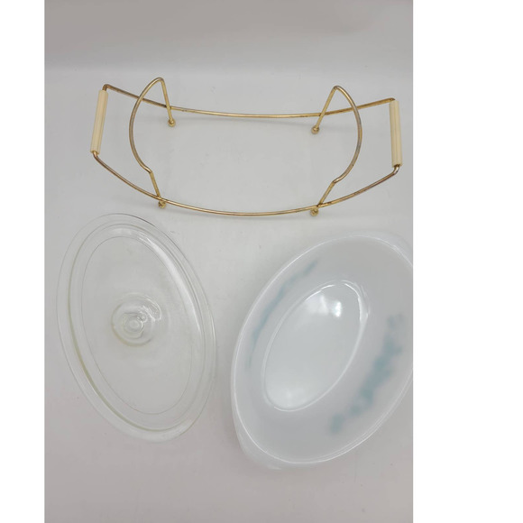 Vintage Glasbake Glass Oval 1Qt Casserole Lid And Metal Carrier Stand Pineapple - Picture 7 of 10